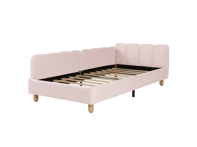  Lit enfant 90x200 cm - lit simple tapissier avec protection anti-chute, tête de lit ergonomique, pieds bois massif, velours rose  - Conforama A