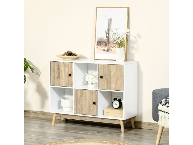  Buffet salon, meuble de rangement 9 cubes avec 3 portes et 3 compartiments ouverts, pieds en bois de pin, style moderne, buffet salle à manger, 96x30x75cm, cuisine, blanc et naturel  - Conforama D