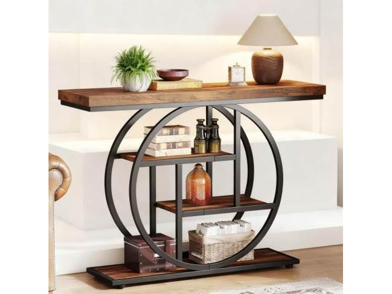  Table console 105x30x80 cm 4 niveaux métal bois noir marron rustique  - Conforama E