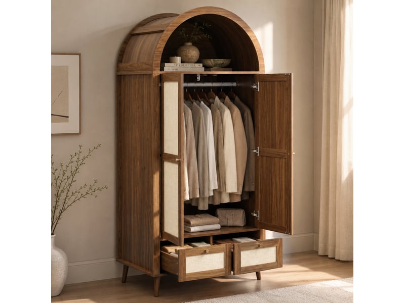  Armoire 80x55x180 cm, 2 portes, 2 tiroirs, penderie, niche arquée, mdf et pe aspect rotin, noyer et beige  - Conforama B