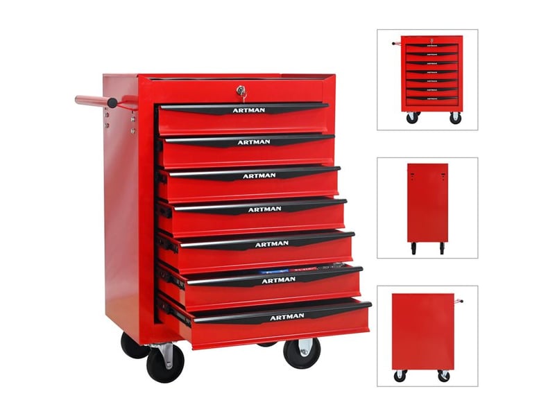  Boîte à outils à 7 tiroirs - rouge &amp; noir - acier - 24.6 kg - glissières à roulement à billes 52.4x33x65.6cm - Conforama D