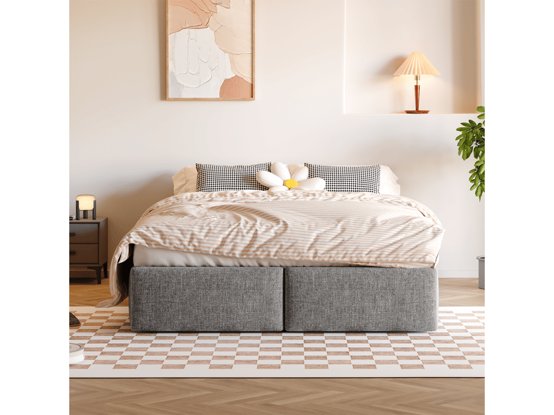  Lit capitonné 140*200cm gris, relevage hydraulique, 2 tiroirs, sans matelas, sans tête de lit  - Conforama C