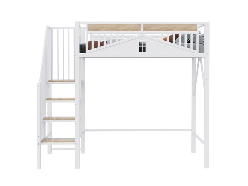 Lit mezzanine 90x200 cm avec échelle de sécurité et rangement en métal et bois blanc - Conforama A