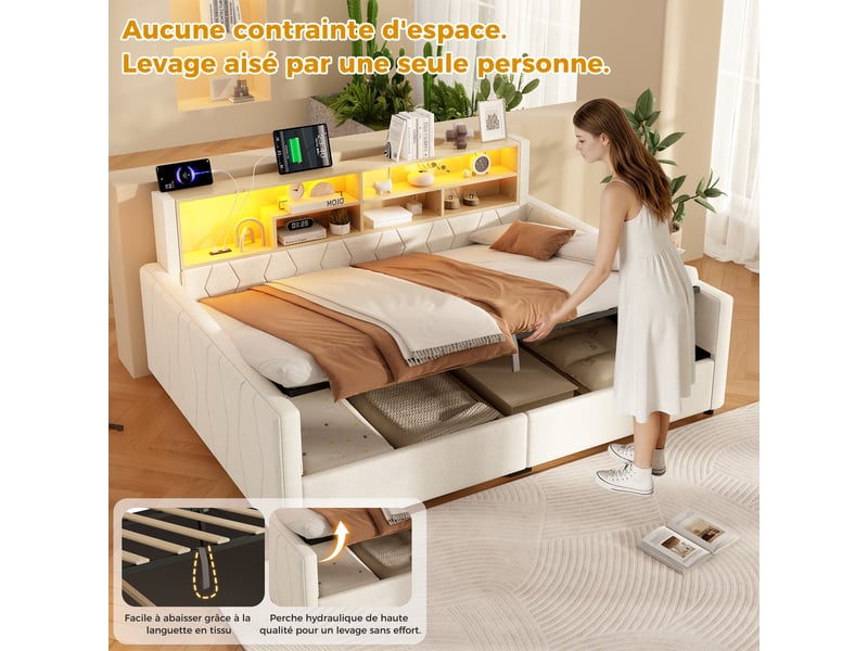  Méridienne, 140 x 200 cm, suspension hydraulique, prise électrique, port usb, éclairage led, sans matelas, linge de maison, beige  - Conforama D