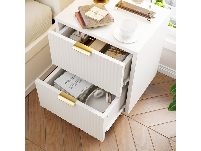  Lot de 2 tables de chevet 40, 2 tiroirs, meuble de rangement avec façade ondulée, pieds métal, table de nuit pour chambre et salon, style modernescandinave(40x40x55cm, blanc)  - Conforama D