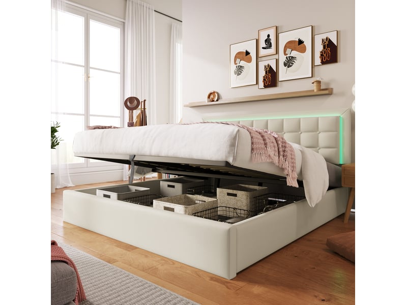  Lit double 180 × 200 cm avec coffre relevable, sommier à lattes et éclairage led en pu blanc, chambre 213 × 186 × 105 cm  - Conforama D