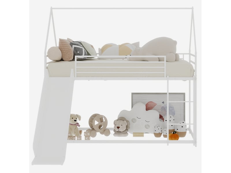  Lit superposé 90x190cm maison avec toboggan, garde-corps hauts, structure en fer stable, 1 sommier, blanc, sans matelas  - Conforama A