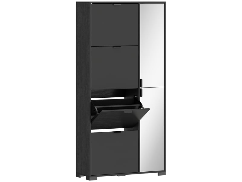  Meuble à chaussures 16 paires armoire à chaussures 4 tiroirs rabattables 2 portes en miroir étagères réglables noir  - Conforama B