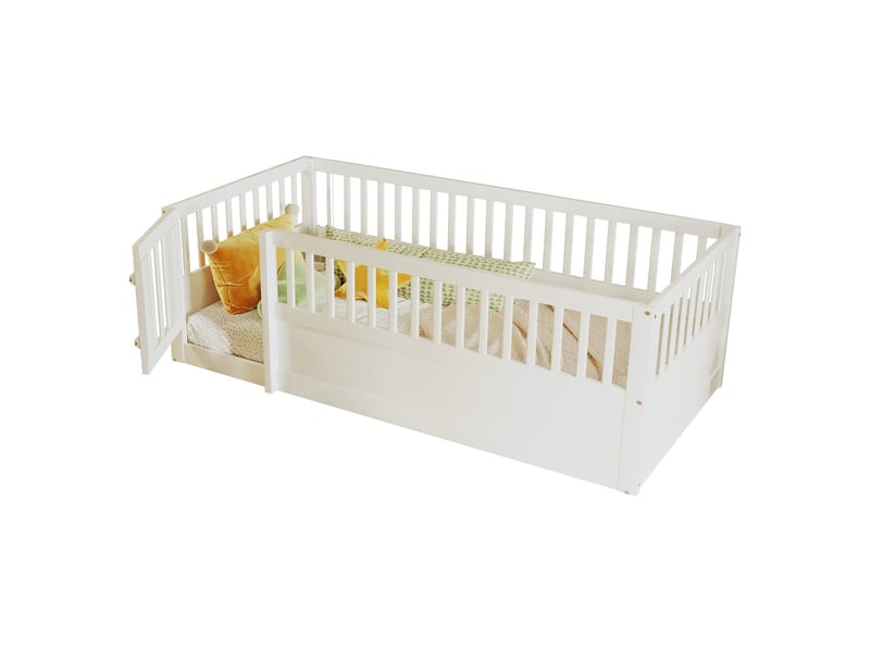 Lit enfant en bois lit simple 90x200 cm avec barrières porte blanc  - Conforama A