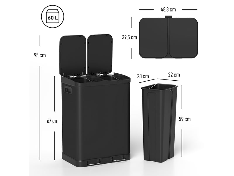  Poubelle de cuisine à pédale 2x30l en acier inoxydable noir 48,8x39,5x67 cm  - Conforama C