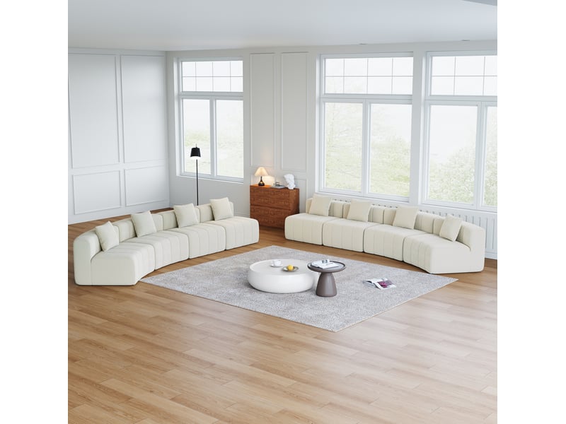  Canapé modulaire incurvé 8 places avec 2 coussins et assise style touches de piano en chenille beige, 388 × 83,8 × 73,6 cm  - Conforama E