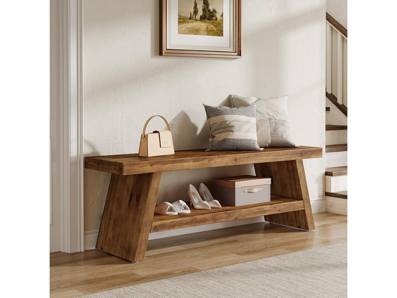  Banc d'entrée à deux niveaux en bois massif avec étagères ouvertes ; banc à chaussures en bois pour intérieur, adapté à l'entrée, au salon et à la chambre  - Conforama D