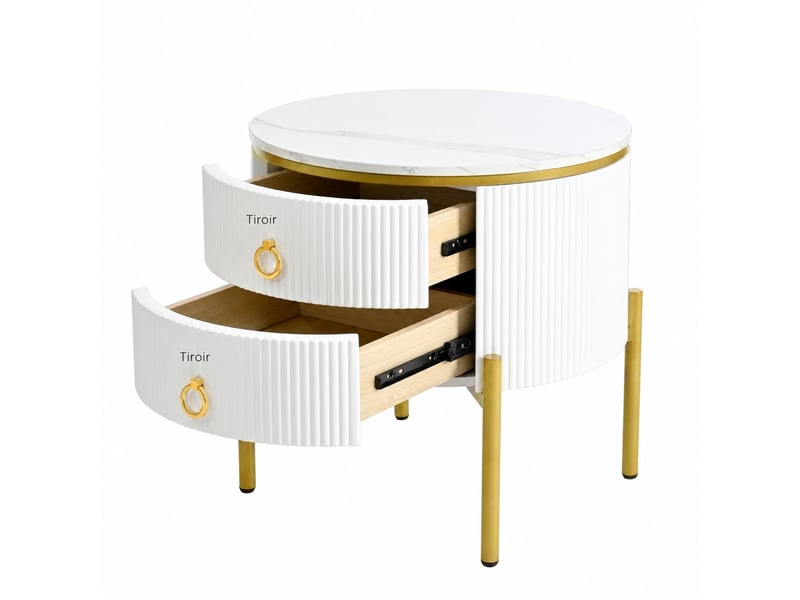  Table d’appoint ronde effet marbre blanc et doré avec 2 tiroirs, 50 x 50 x 51 cm  - Conforama A