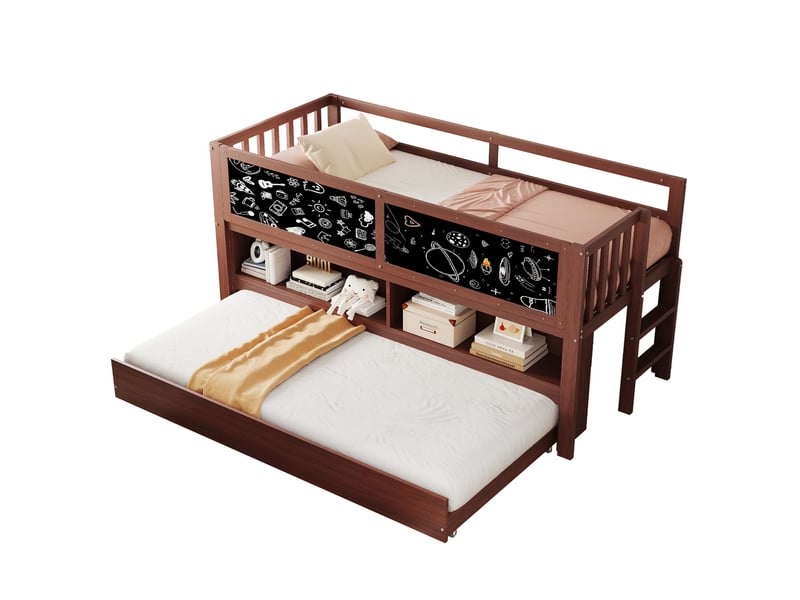  Lit enfant 90x200 cm avec échelle d'escalade, lit superposé en bois massif avec tableau noir, lit simple enfant, marron  - Conforama R