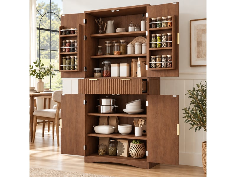 Buffet haut 76x40x180cm avec tiroirs, portes à grille et rangements, meuble pour cuisine et salon, effet bois noyer evarich - Conforama E
