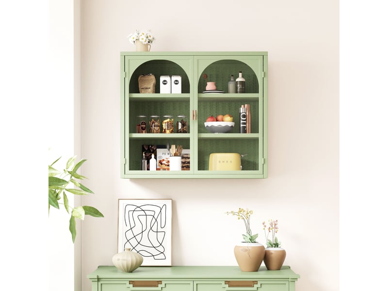 Armoire murale modèle woven 70 cm, vert, 2 portes vitrées, 3 niveaux, motif tressé, rangement moderne - Conforama B
