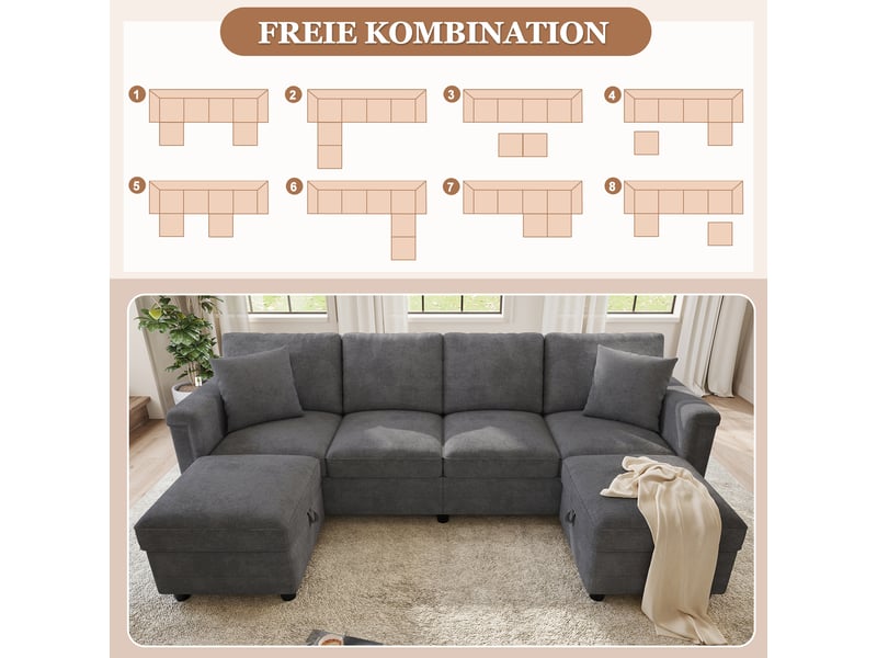  Canapé modulable gris en tissu chenille avec 2 poufs de rangement  - Conforama C