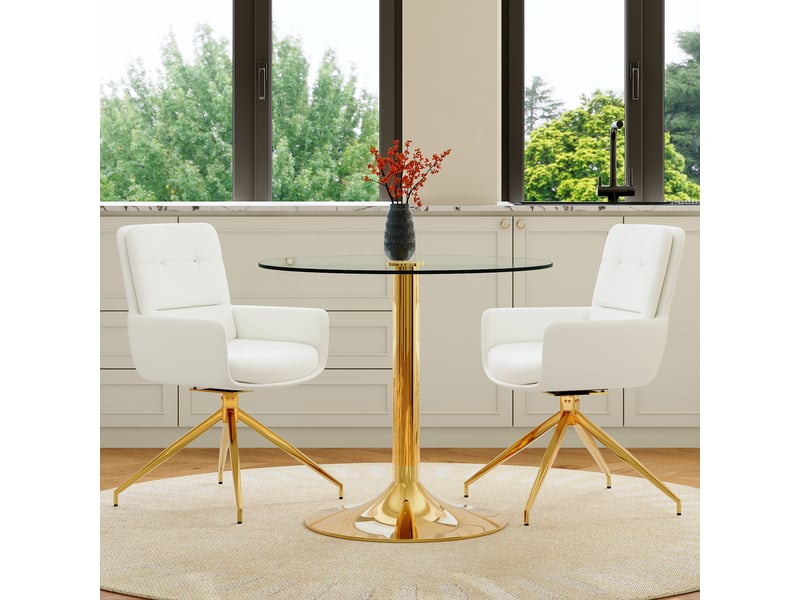  Ensemble table ronde et 2 chaises, table à manger en verre trempé ø 85 cm, sièges pivotants en similicuir blanc, métal doré  - Conforama E