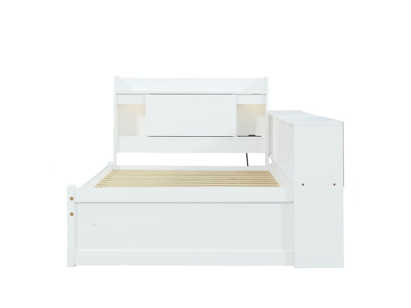  Lit simple, lit à panneaux, tête de lit avec compartiment de rangement et 2 lampes, prise de recharge, placards et tiroirs latéraux, pin, panneaux de particules et mdf, blanc, 90 x 200 cm  - Conforama E
