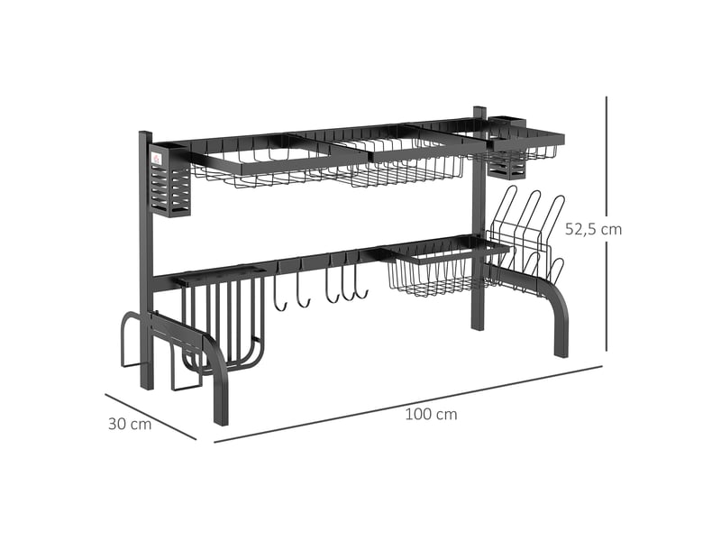  Égouttoir à vaisselle à 2 niveaux en acier inoxydable avec planche à découper et porte-couverts, 100 x 30 x 52,5 cm, noir  - Conforama E