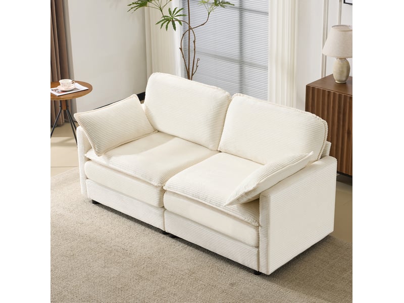  Canapé 2 places 167,5x75x85 cm, 2 coussins, assise épaisse et moelleuse, style minimaliste, finition bois blanc  - Conforama E