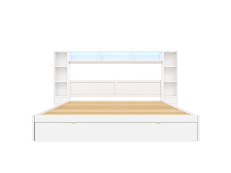  Lit adulte 180x200 cm avec rangement et éclairage led, lit 2 places avec 7 tiroirs, blanc, sans matelas  - Conforama D
