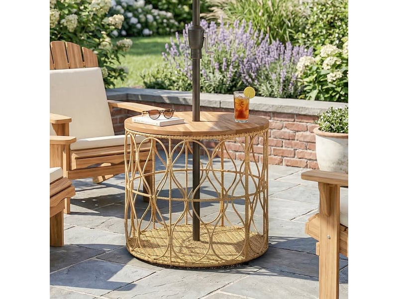  Table d'appoint ø50 cm, table de jardin résistante aux intempéries aspect rotin, plateau en bois d'acacia, pieds réglables, teck  - Conforama C