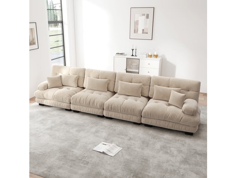  Canapé modulaire 4 places 406x77x81 cm, grande profondeur d’assise, revêtement chenille marron clair  - Conforama B