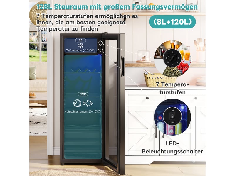  Réfrigérateur à boissons 128l avec congélateur 8l, mini frigo pose libre compact silencieux 43db, 94 canettes, led bleue RH-ES301428SAA - Conforama C