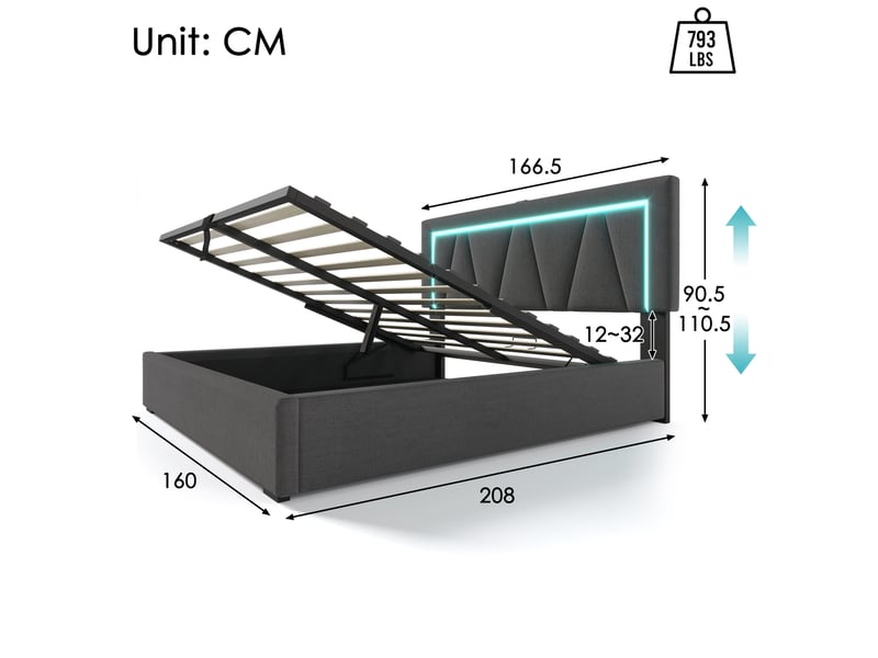  Modenvie lit coffre 160x200 cm - led, usb-c et tête de lit réglable, sans matelas - gris  - Conforama C