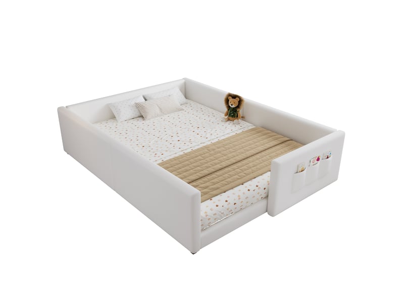  Lit enfant 140x200 cm avec 3 poches de rangement, design entouré, en tissu, blanc, sans matelas  - Conforama A