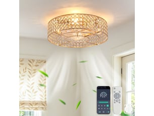 Plafonnier ventilateur encastrable 19 pouces avec cristaux dorés, pales abs, contrôle par application et télécommande, 6 vitesses, réversible