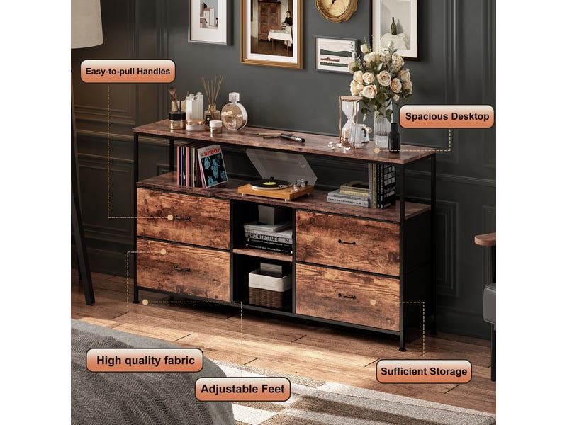  Meuble tv 108 cm avec lumières led, banc tv support télé console tv avec avec 4 tiroirs et 3 étagères de rangement, naturel  - Conforama R