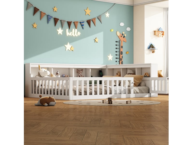  Lit enfant 140x190cm, sommier, garde-corps, tête de lit, port usb, rangement inclus, aggloméré, blanc, sans matelas  - Conforama D