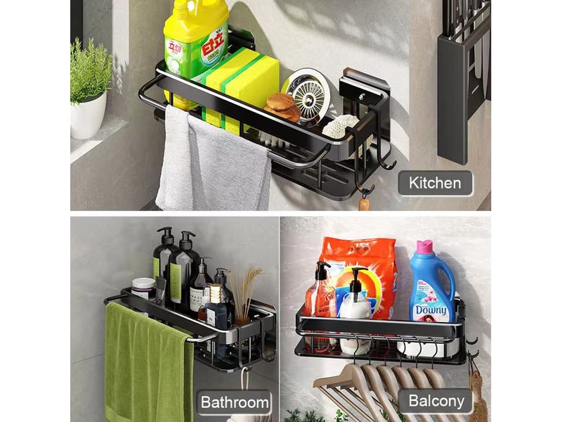  Égouttoir de cuisine mural en aluminium. Support pour éponge et serviette, rangement pratique pour évier, noir  - Conforama C