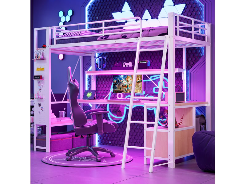  Lit mezzanine 90x200 cm avec bureau, led, rangements et usb blanc  - Conforama E