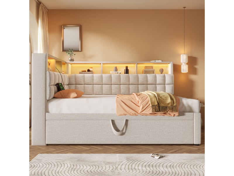  Lit banquette 90x200 cm – beige – lit gigogne, led, rangement, usb-c et enceinte bluetooth – sans matelas  - Conforama B