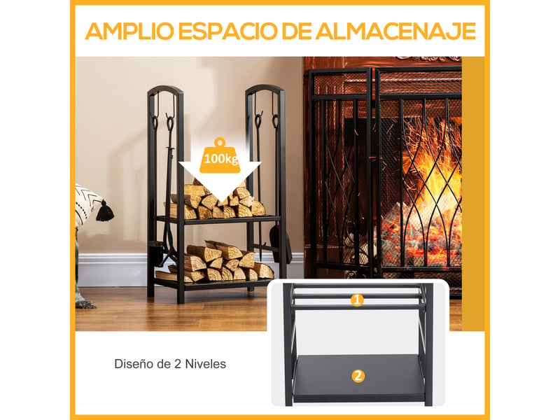 Porte-bûches métallique 2 niveaux, 4 outils de cheminée, 40 x 30 x 74,5 cm, charge 100 kg - Conforama E