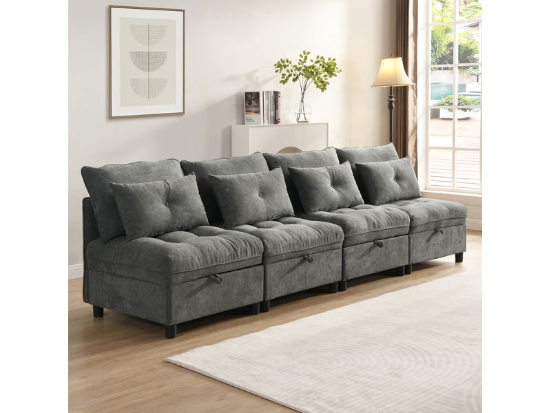 Canapé modulable convertible 4 places gris en tissu, rangement sous assise et 8 coussins pour le salon - Conforama E