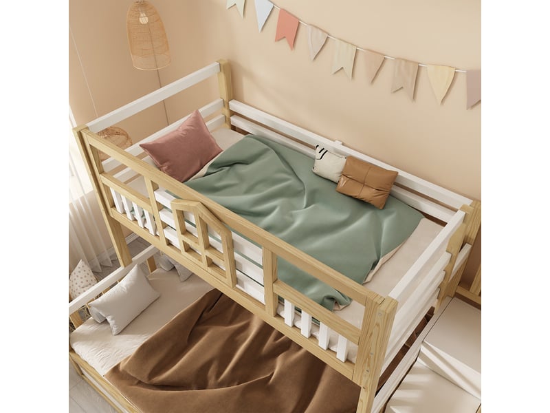 Lit superposé enfant 90x200 cm +140x200cm - avec espace de rangement sur le lit inférieur - escalier avec rangement - blanc + naturel (matelas non inclus) - Conforama W