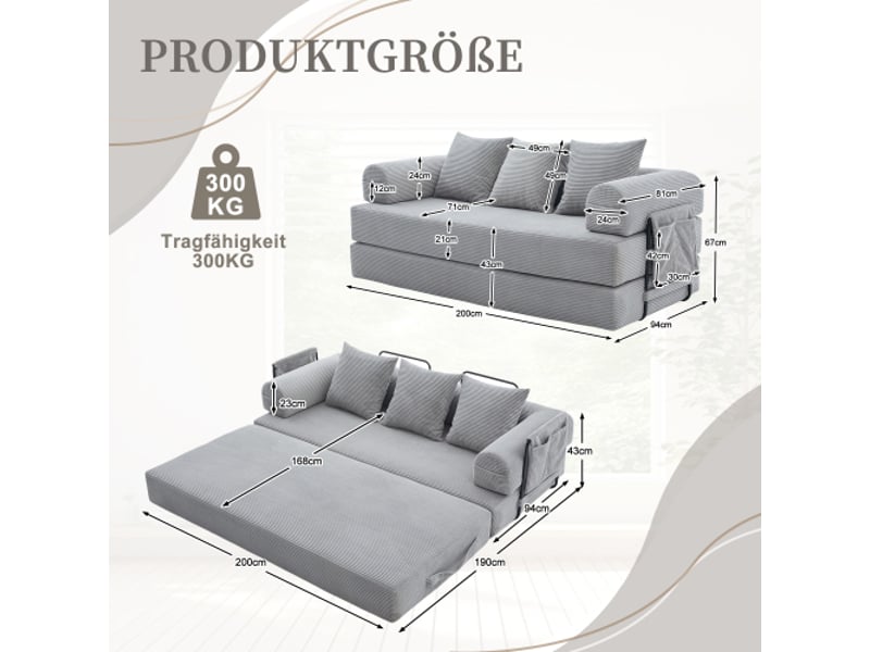  Canapé convertible pliant avec cadre métallique robuste – poches latérales, 3 coussins, gris clair  - Conforama C