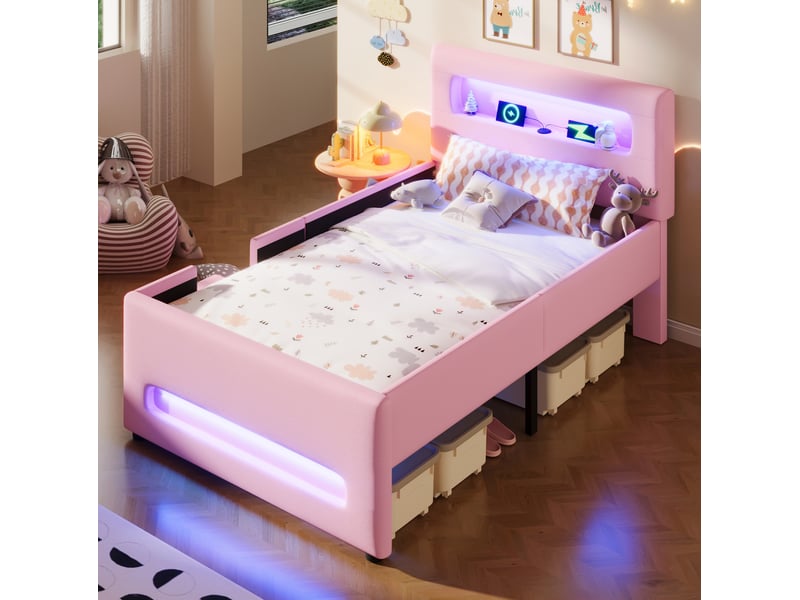 Lit plateforme 90x200 cm avec escalier, led, usb et rangement, rose - Conforama B