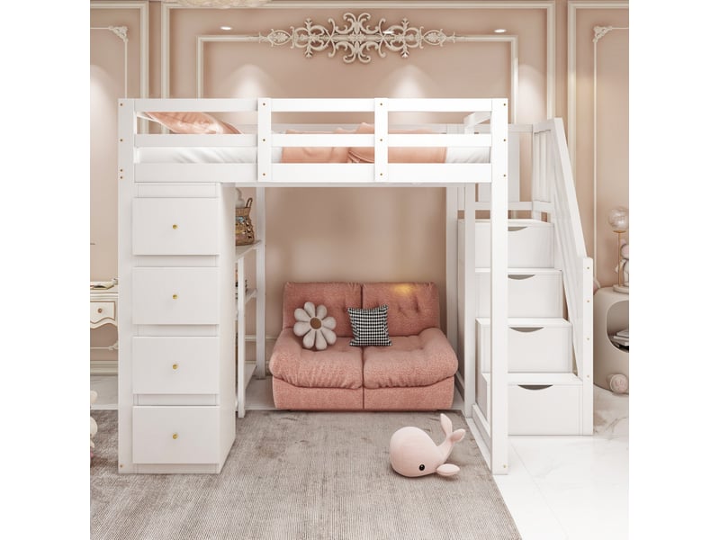 Lit mezzanine 140x200cm, escalier, sommier, étagères, espace de rangement, 4 tiroirs, lit enfant, en bois+mdf, blanc sans matelas - Conforama D