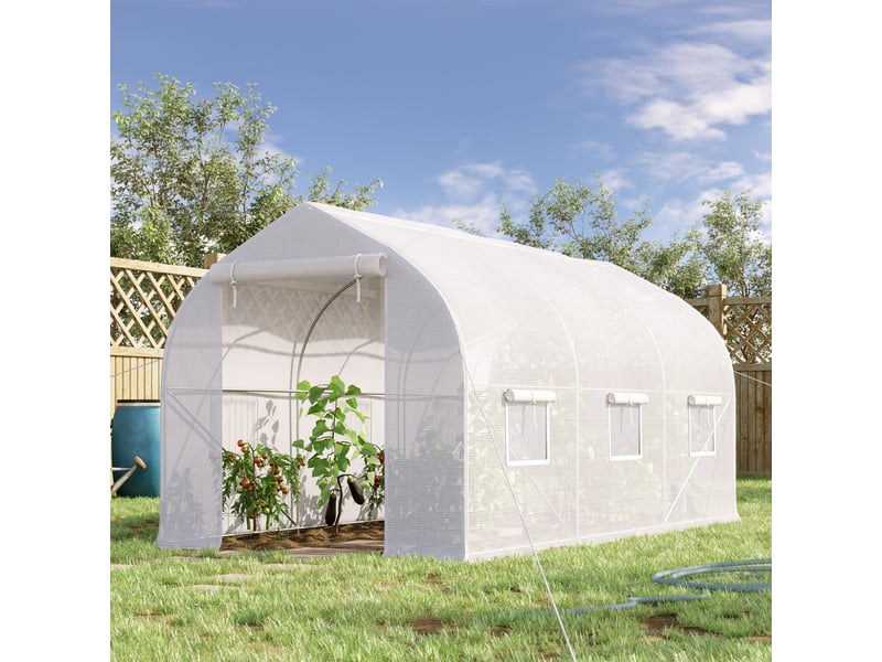  Serre tunnel anti-uv avec 6 fenêtres en filet et entrée enroulable, en métal et pe, 4 x 2 x 2 m, blanche  - Conforama D