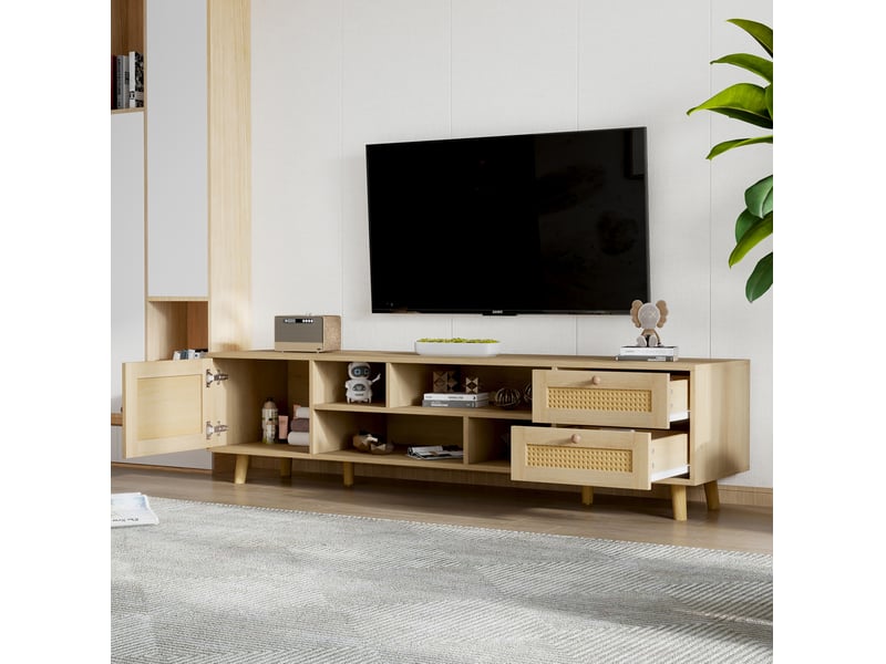  Meuble tv 160 cm en panneaux de particules et rotin, 2 tiroirs, chêne clair  - Conforama E