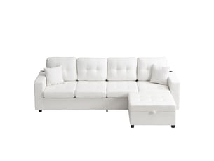 Canapé modulable 4 places beige en tissu 253 x 144,5 x 80,7 cm avec pouf coffre, rangements, usb-c et led salon