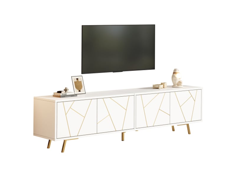 Meuble tv blanc et doré 190x40x51,5 cm avec 4 portes, 6 pieds métal et 8 compartiments  - Conforama D