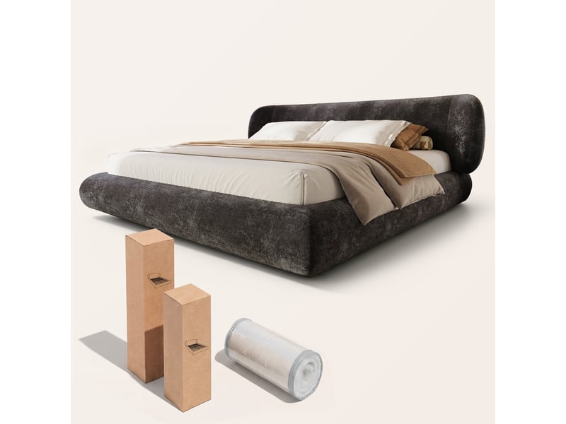 Lit rembourré en chenille gris 180x200 cm avec tête de lit arrondie Fay Lum - Conforama W