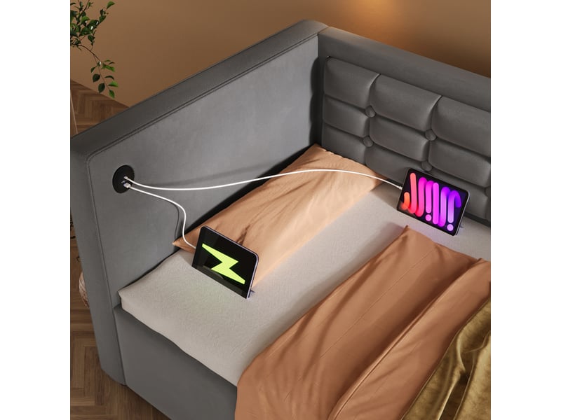  Lit banquette 1 place 90x200 cm en velours gris avec coffre hydraulique, usb et type-c, sans matelas  - Conforama E