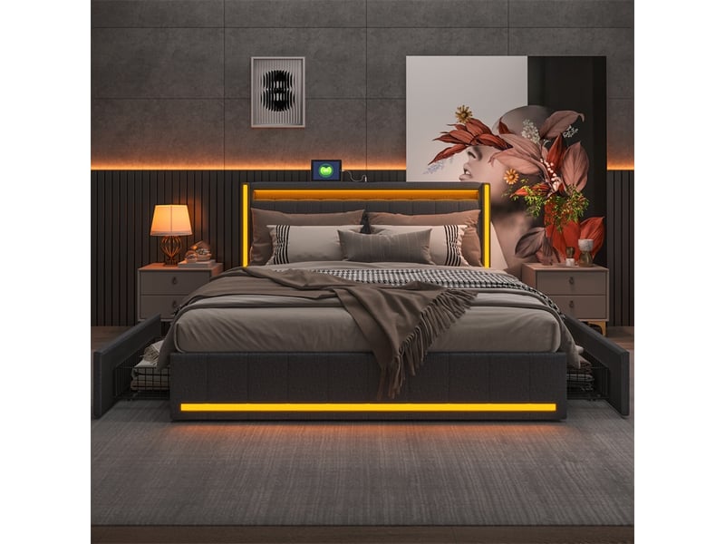  Lit 140x190cm - lit double 140x190cm avec 4 tiroirs - lit adulte led en lin - tête de lit avec usb type-c et sommier - gris foncé  - Conforama C
